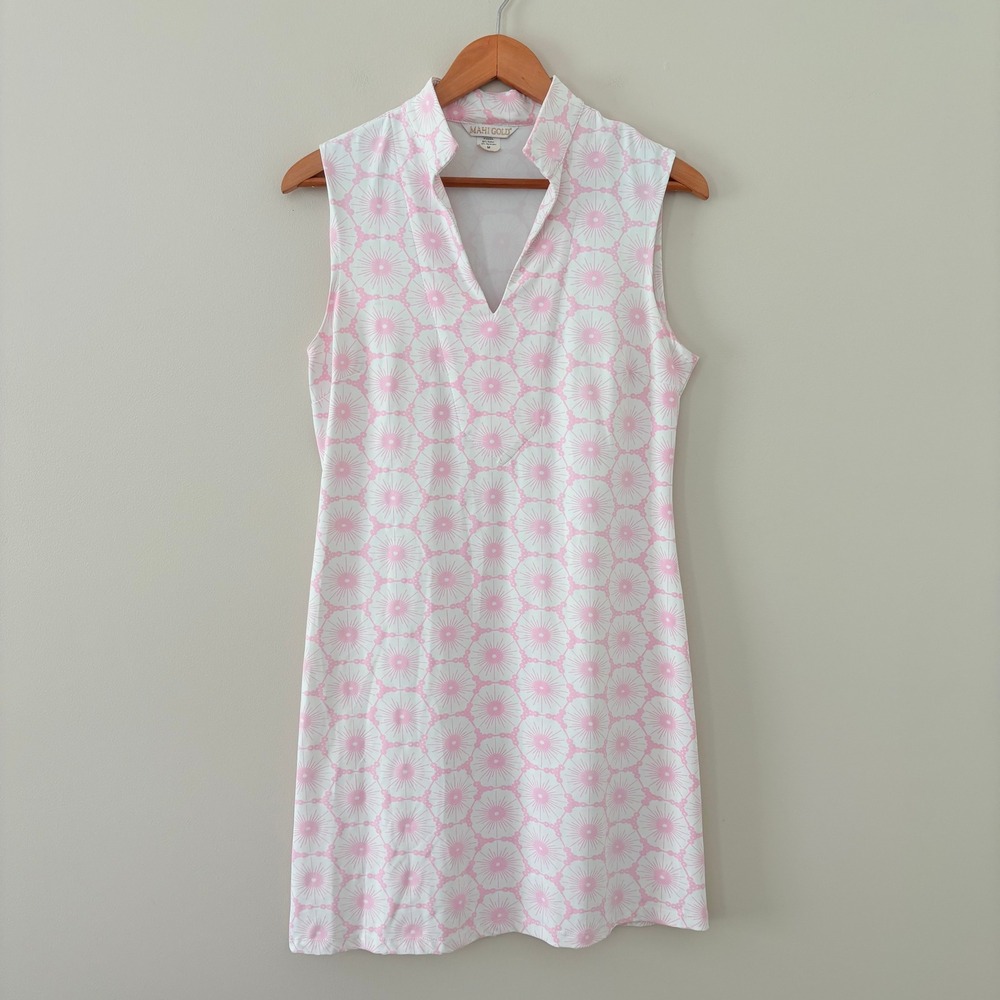 Mahi Gold Schooner Dress M Pink White Chatham Cloth Preppy Geometric Sleeveless
